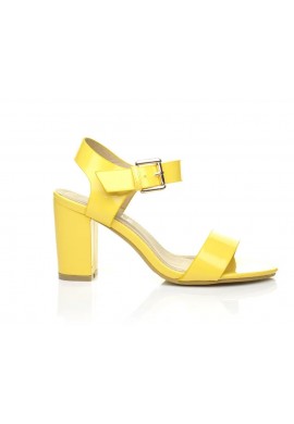 Women Low Block Heel Sandals Yellow Patent