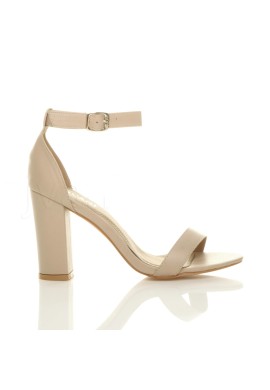 Ladies Block high Heel Ankle Strap peep Toe Strappy Sandals Nude Patent