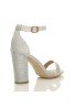 Ladies Block high Heel Ankle Strap peep Toe Strappy Sandals Silver