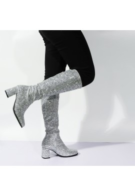 GOGO Boots 1960s & 1970s Retro Glitter Dancer Women Costume Heels Shoes Boots Silver