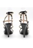 Womens Studded Rivet Ankle Strappy Stiletto Shoes- Black Patent