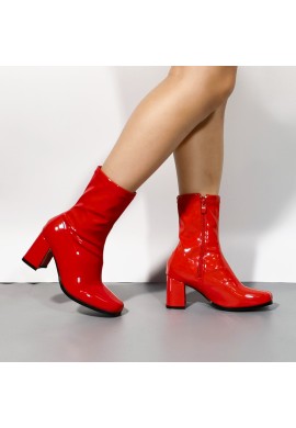 Women's Go Go Boots Mid Calf Block Heel Zipper ankle Boot-Red Patent