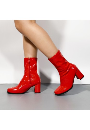 Women's Go Go Boots Mid Calf Block Heel Zipper ankle Boot-Red Patent