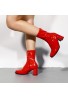 Women's Go Go Boots Mid Calf Block Heel Zipper ankle Boot-Red Patent