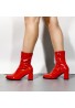 Women's Go Go Boots Mid Calf Block Heel Zipper ankle Boot-Red Patent