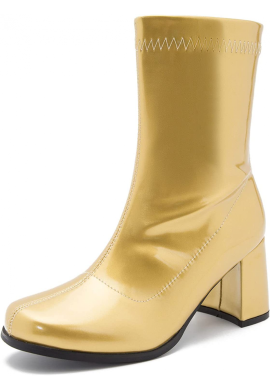Women's Go Go Boots Mid Calf Block Heel Zipper ankle Boot-Gold Patent