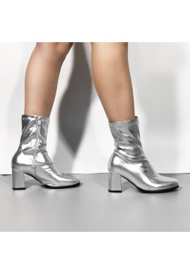 Women's Go Go Boots Mid Calf Block Heel Zipper ankle Boot-Silver Patent