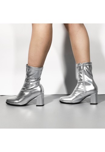 Women's Go Go Boots Mid Calf Block Heel Zipper ankle Boot-Silver Patent