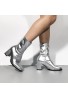 Women's Go Go Boots Mid Calf Block Heel Zipper ankle Boot-Silver Patent