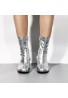 Women's Go Go Boots Mid Calf Block Heel Zipper ankle Boot-Silver Patent