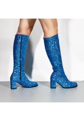 GOGO Boots 1960s & 1970s Retro Glitter Fancy Party Boots Blue