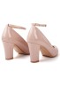 Womens  Ankle Strap Mid Block Heel Nude Patent