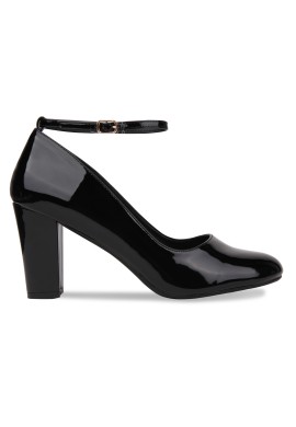 Women Ankle Strap Mid Block Heel Black Patent