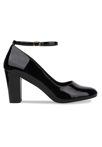 Women Ankle Strap Mid Block Heel Black Patent