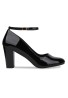 Women Ankle Strap Mid Block Heel Black Patent