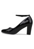 Women Ankle Strap Mid Block Heel Black Patent