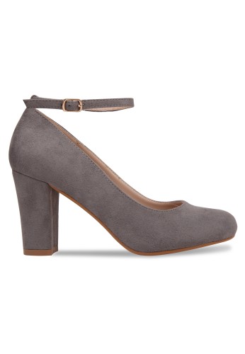 Women Ankle Strap mid Block Heel Grey Suede