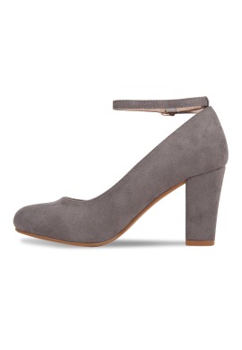 Women Ankle Strap Mid Block Heel Court Shoes - Grey Suede