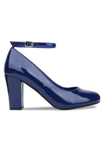 Women Ankle Strap Mid Block Heel Court Shoes- Navy Patent