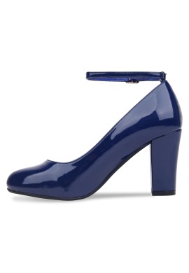 Women Ankle Strap Mid Block Heel Court Shoes- Navy Patent