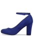 Women Ankle Strap Mid Block Heel Court Shoes- Navy Suede