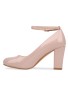 Women Ankle Strap Mid Block Heel Court Shoes- Nude Patent