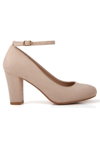 Women Ankle Strap Mid Block Heel Court Shoes- Nude Suede