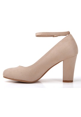 Women Ankle Strap Mid Block Heel Court Shoes- Nude Suede