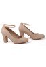 Women Ankle Strap Mid Block Heel Court Shoes- Nude Suede