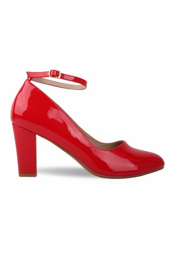 Women Ankle Strap Mid Block Heel Court Shoes- Red Patent