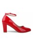 Women Ankle Strap Mid Block Heel Court Shoes- Red Patent