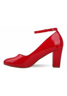 Women Ankle Strap Mid Block Heel Court Shoes- Red Patent