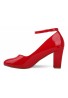 Women Ankle Strap Mid Block Heel Court Shoes- Red Patent