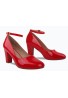 Women Ankle Strap Mid Block Heel Court Shoes- Red Patent