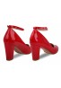 Women Ankle Strap Mid Block Heel Court Shoes- Red Patent