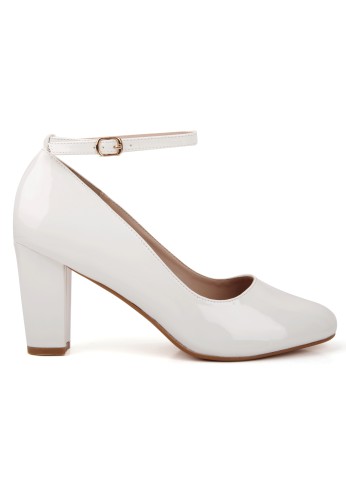 Women Ankle Strap Mid Block Heel Court Shoes- White Patent