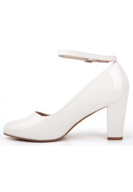 Women Ankle Strap Mid Block Heel Court Shoes- White Patent