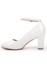 Women Ankle Strap Mid Block Heel Court Shoes- White Patent