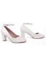 Women Ankle Strap Mid Block Heel Court Shoes- White Patent