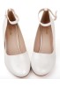 Women Ankle Strap Mid Block Heel Court Shoes- White Patent