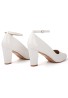 Women Ankle Strap Mid Block Heel Court Shoes- White Patent