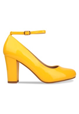 Women Ankle Strap Mid Block Heel Court Shoes- Yellow Patent