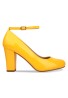 Women Ankle Strap Mid Block Heel Court Shoes- Yellow Patent