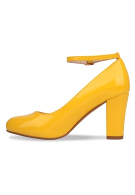 Women Ankle Strap Mid Block Heel Court Shoes- Yellow Patent