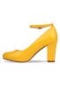 Women Ankle Strap Mid Block Heel Court Shoes- Yellow Patent