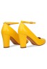 Women Ankle Strap Mid Block Heel Court Shoes- Yellow Patent