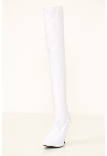Womens Thigh High Kinky Over The Knee Stiletto Boots  White Patent