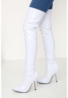 Womens Thigh High Kinky Over The Knee Stiletto Boots - White Patent