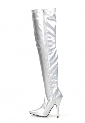 Womens Thigh High Kinky Over The Knee Stiletto Boots Silver Patent