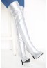 Womens Thigh High Kinky Over The Knee Stiletto Boots Silver Patent